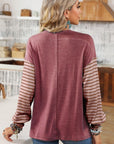 Colorblock Striped Bishop Sleeve Side Slits Top