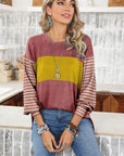 Colorblock Striped Bishop Sleeve Side Slits Top