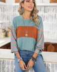 Colorblock Striped Bishop Sleeve Side Slits Top