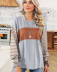 Colorblock Striped Bishop Sleeve Side Slits Top