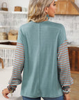 Colorblock Striped Bishop Sleeve Side Slits Top