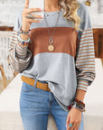 Colorblock Striped Bishop Sleeve Side Slits Top