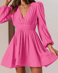 Hot Pink V-Neck Long Sleeve Dress