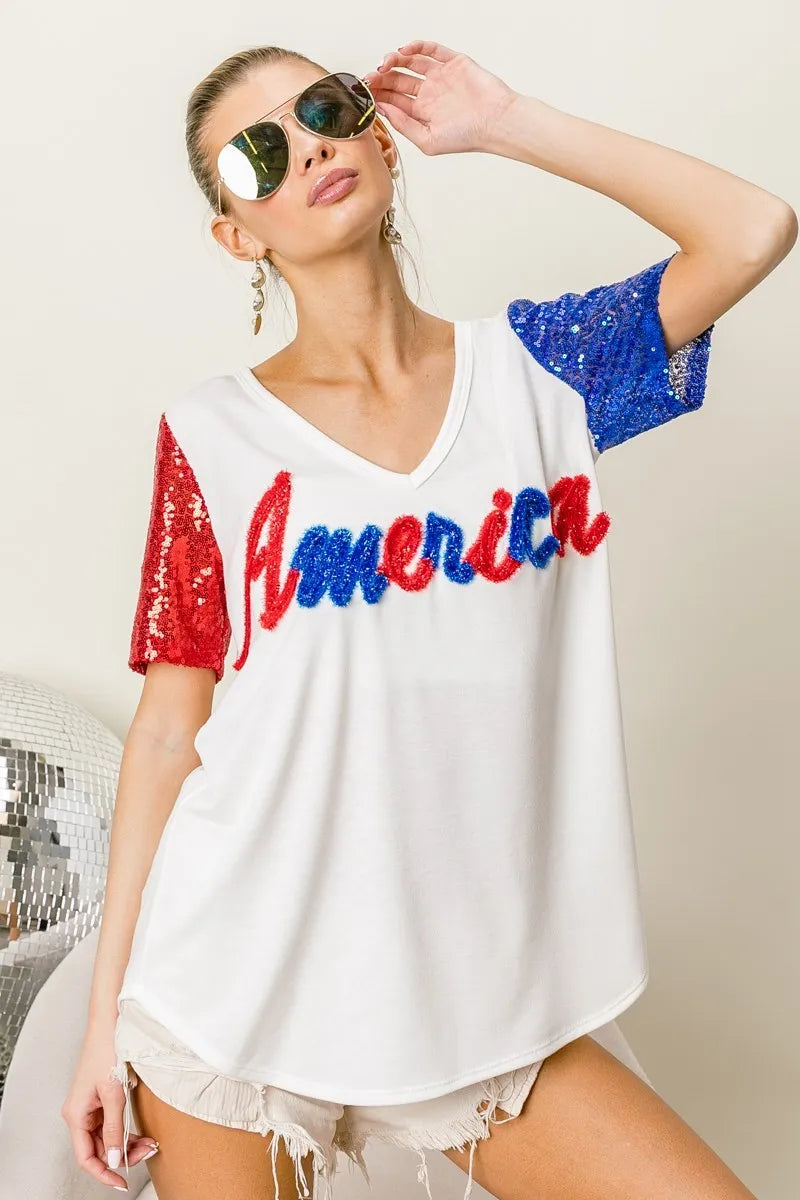 BiBi Metallic Letter V-neck Sequin Sleeves Top in Cream