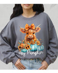 Hey Pumpkin Highland Cow Thanksgiving Fleece Graphic Sweatshirt
