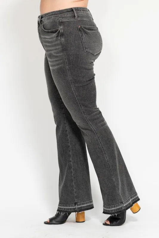 Judy Blue Full Size Midi Rise Tummy Control Washed Gray Release Hem Flare Jeans Plus Size