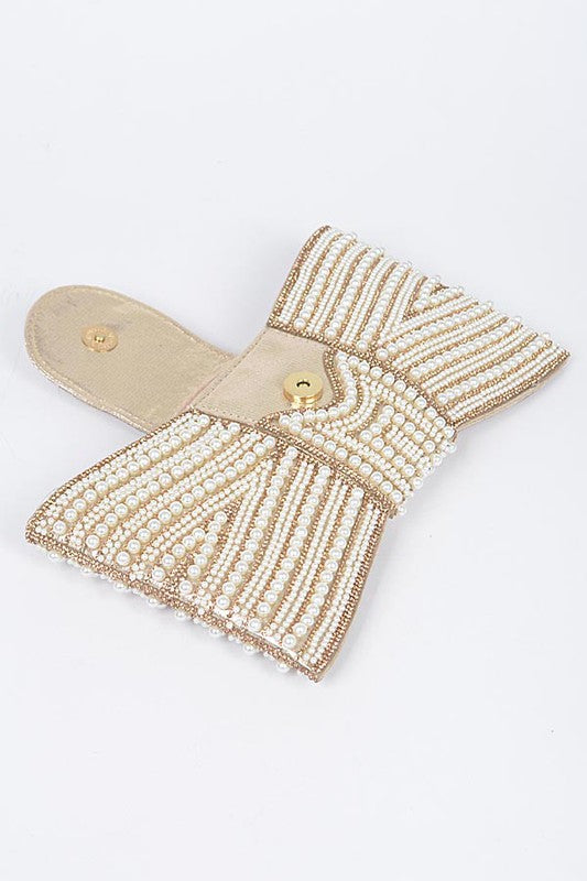 Faux Pearl Studded Bow Tie Clutch Bag