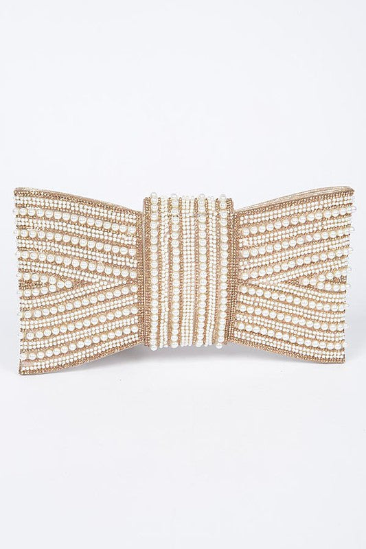 Faux Pearl Studded Bow Tie Clutch Bag