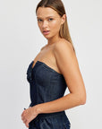 Denim Corset Tube Top with Rosette Detail