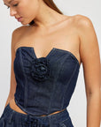 Denim Corset Tube Top with Rosette Detail