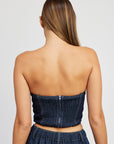 Denim Corset Tube Top with Rosette Detail