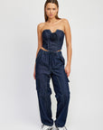 Denim Corset Tube Top with Rosette Detail