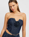 Denim Corset Tube Top with Rosette Detail