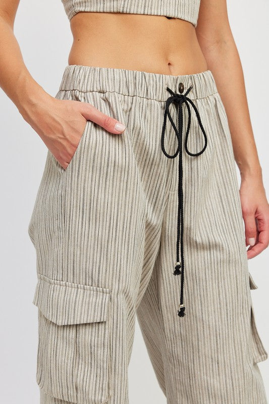 Emory Park Striped Cargo Pants with Waist Drawstring