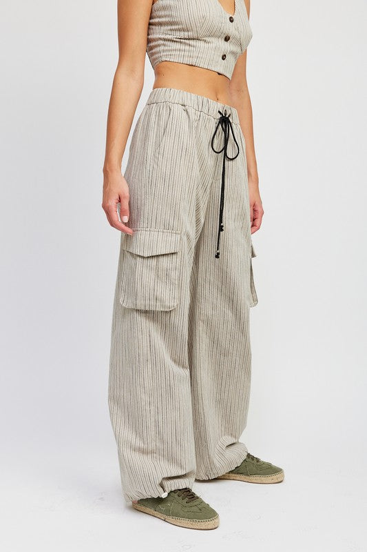 Emory Park Striped Cargo Pants with Waist Drawstring