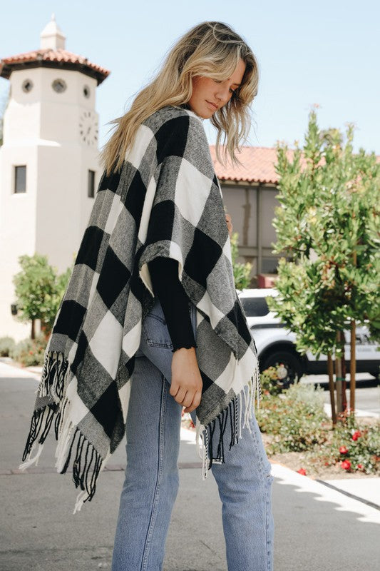 Leto Accessories Buffalo Check Tassel Poncho