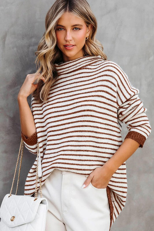 Turtle Neck Striped Knit Sweater Poncho Top