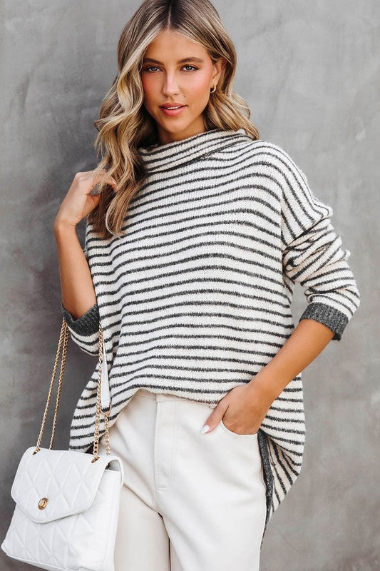 Turtle Neck Striped Knit Sweater Poncho Top