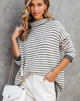 Turtle Neck Striped Knit Sweater Poncho Top