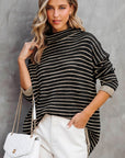 Turtle Neck Striped Knit Sweater Poncho Top