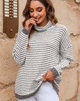 Turtle Neck Striped Knit Sweater Poncho Top