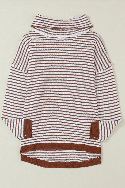 Turtle Neck Striped Knit Sweater Poncho Top