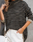 Turtle Neck Striped Knit Sweater Poncho Top