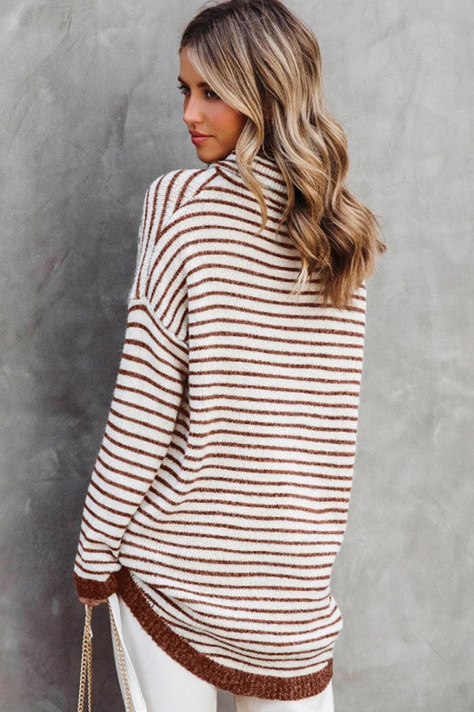 Turtle Neck Striped Knit Sweater Poncho Top