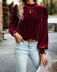 Puff Sleeve Key Hole Velvet Mock Smocked Blouse