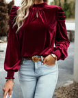 Puff Sleeve Key Hole Velvet Mock Smocked Blouse