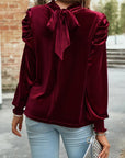 Puff Sleeve Key Hole Velvet Mock Smocked Blouse