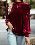 Puff Sleeve Key Hole Velvet Mock Smocked Blouse