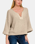 Zenana Notched Side Slit Patch Sweater