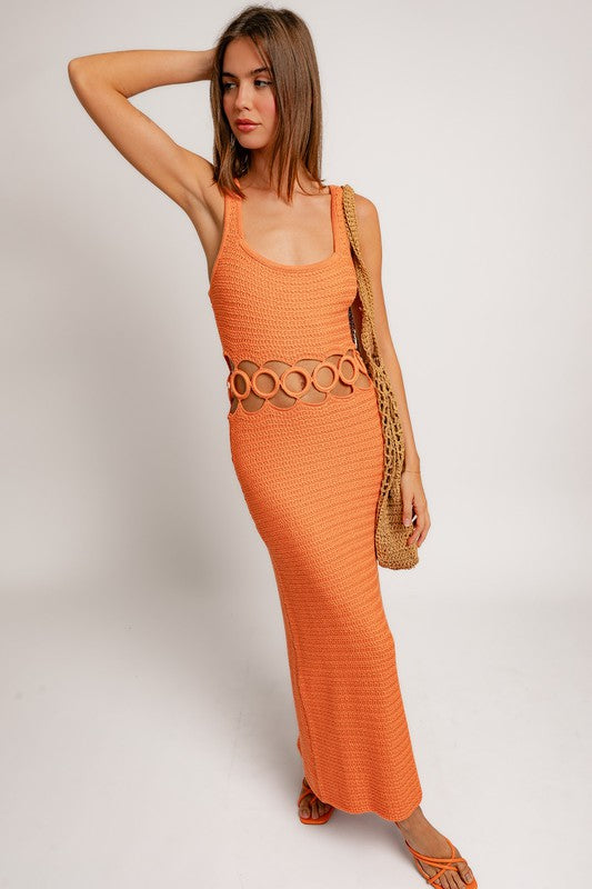 LE LIS Square Neck Sleeveless Crochet Midi Dress