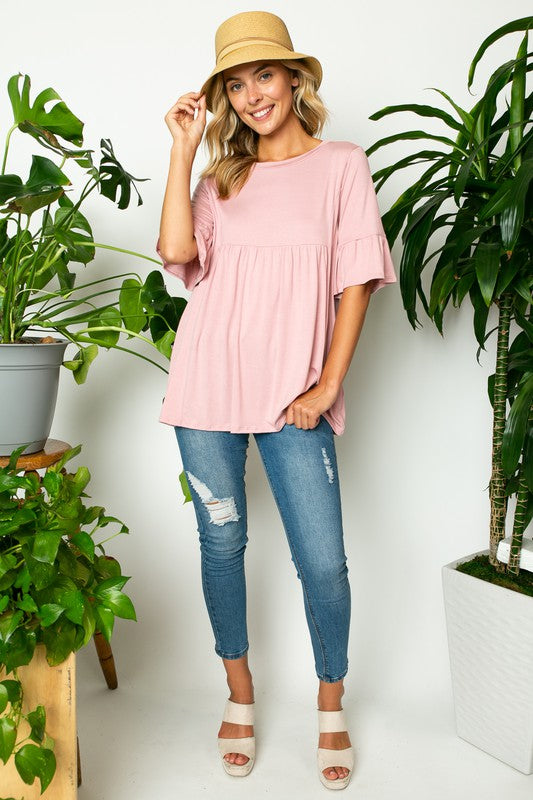 e Luna PLUS Solid Ruffled Sleeve Loose Top