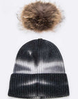 Large Genuine Fur Pom Tie Dyed Beanie