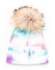 Large Genuine Fur Pom Tie Dyed Beanie