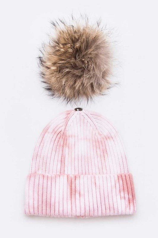 Large Genuine Fur Pom Tie Dyed Beanie