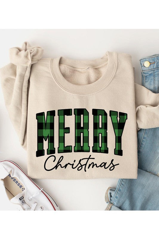 Plaid Merry Christmas Unisex Fleece Graphic Sweatshirt