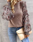 Ruffle Tiered Floral Sleeve Crew Neck Blouse