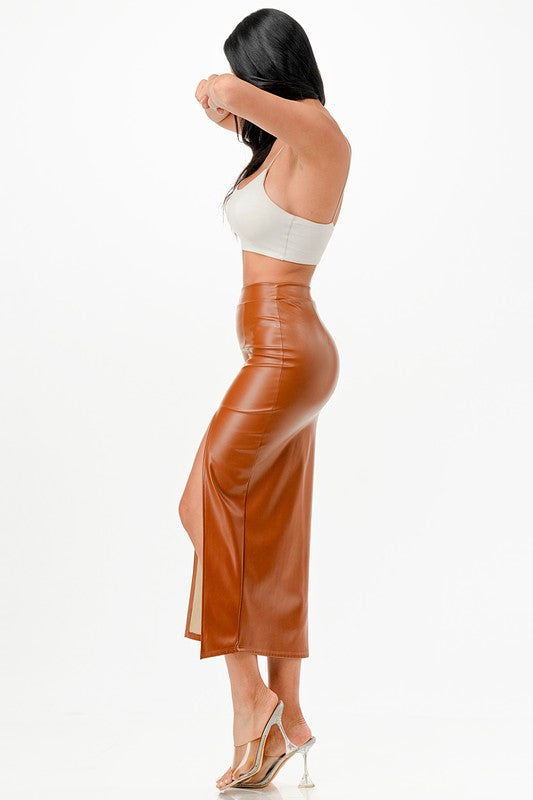 La Scala PU Pencil Skirt with Open Slit