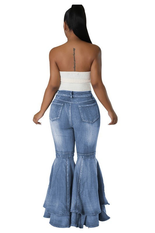 Sexy Fashion Style Denim Pants with Ruffled Flare by Claude