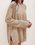 Waffle Knit Drop Sleeve Side Slits Oversized Top