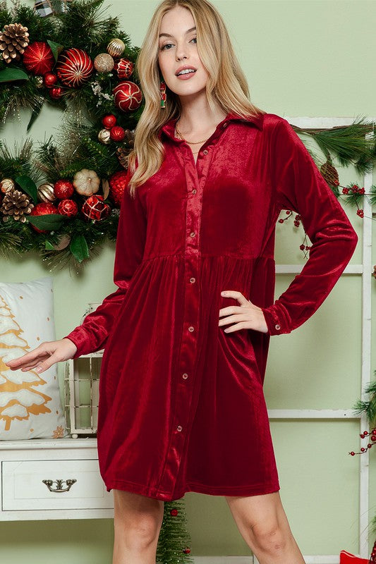 Button Down Velvet Long Sleeve Dress