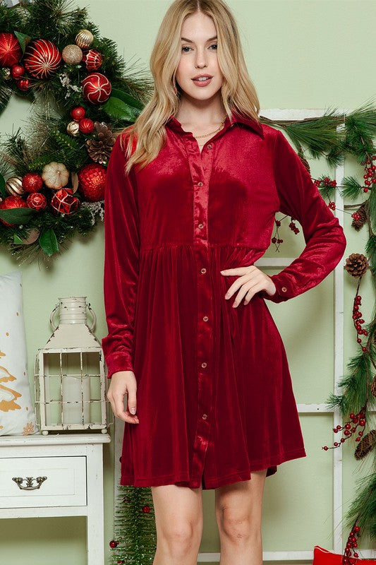 Button Down Velvet Long Sleeve Dress