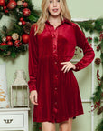 Button Down Velvet Long Sleeve Dress