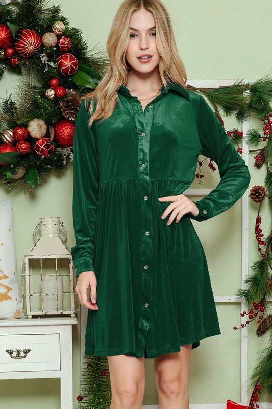 Button Down Velvet Long Sleeve Dress