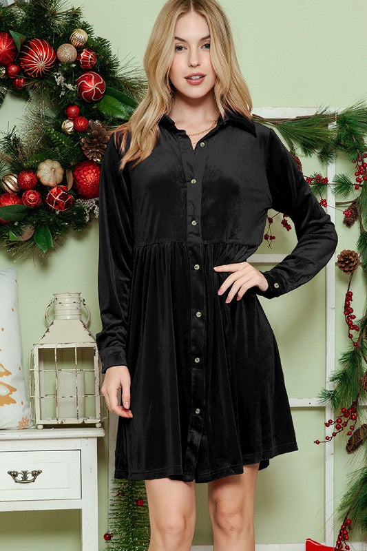 Button Down Velvet Long Sleeve Dress