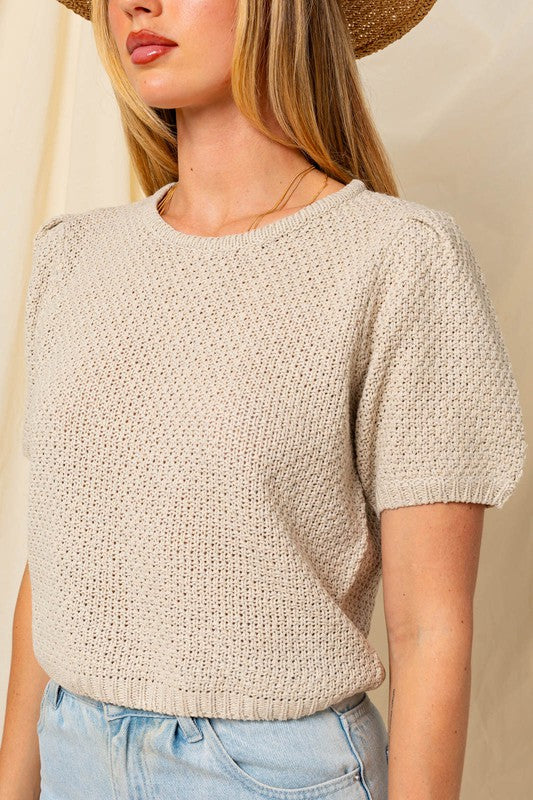 Gilli Puff Sleeve Round Neck Texture Sweater Top