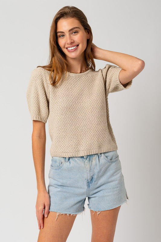 Gilli Puff Sleeve Round Neck Texture Sweater Top